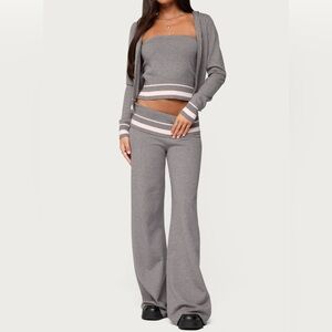 Edikted Kaliya Stripey Knit Lounge Set Hoodie, Fold-Over Flare Pants, CropTop